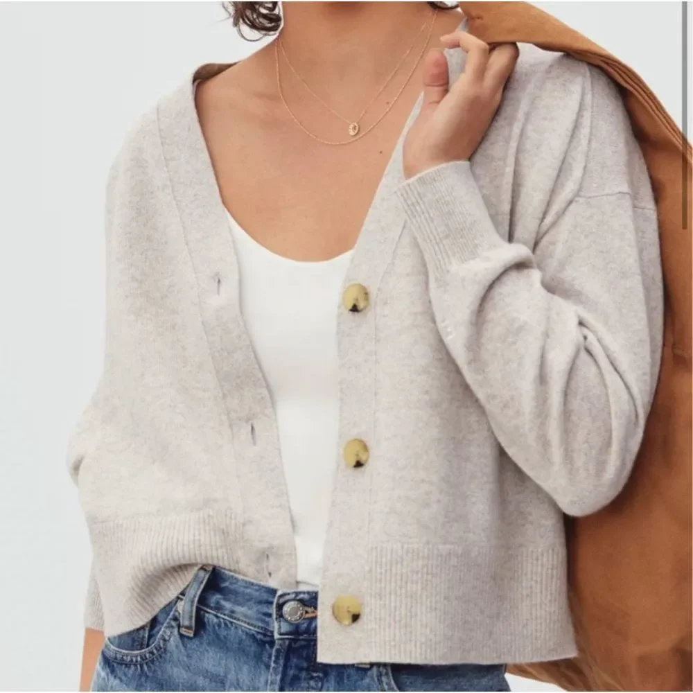 Everlane Womens Cropped Cashmere Cardigan Sweater Oatmeal Gray Canvas Heather S - Picture 1 of 15